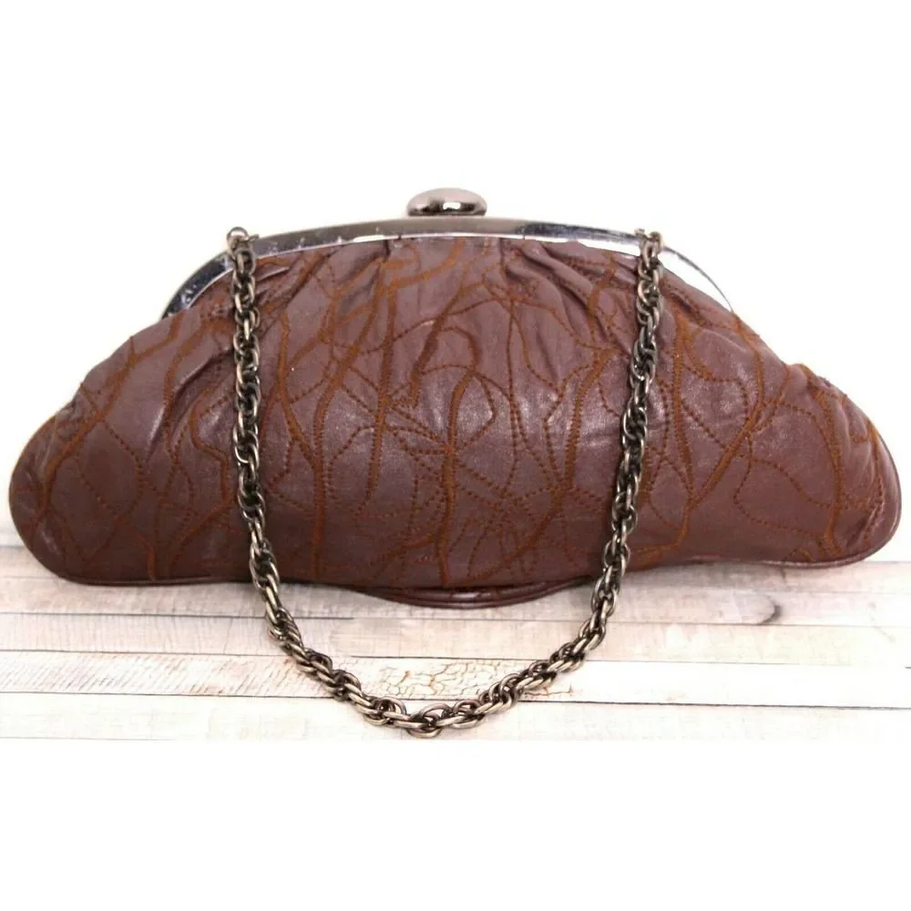 INGE PATCHWORK BROWN GENUINE LEATHER FRAME CHAIN HANDBAG SHOULDER BAG CLUTCH